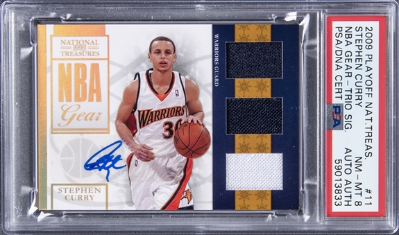 2009-10 Panini Playoff National Treasures NBA Gear Trio Signatures #11 Stephen Curry Signed Patch Rookie Card (#01/30) - PSA NM-MT 8, PSA/DNA Authentic